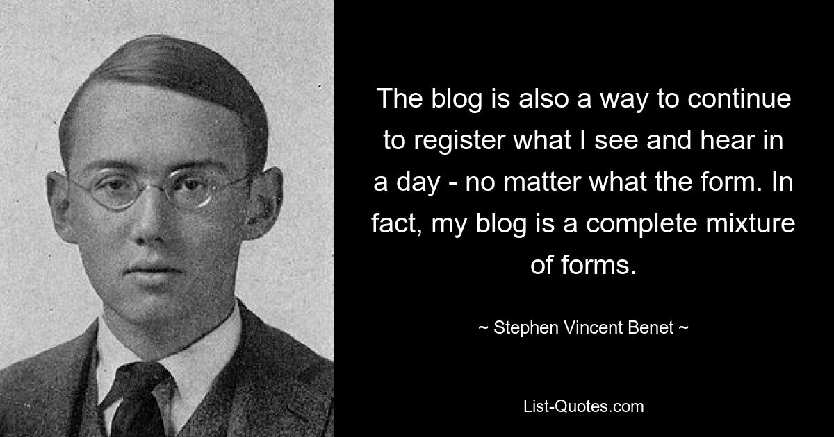 Блог — это также способ продолжать регистрировать то, что я вижу и слышу за день — независимо от формы. На самом деле мой блог представляет собой полную смесь форм. — © Стивен Винсент Бенет