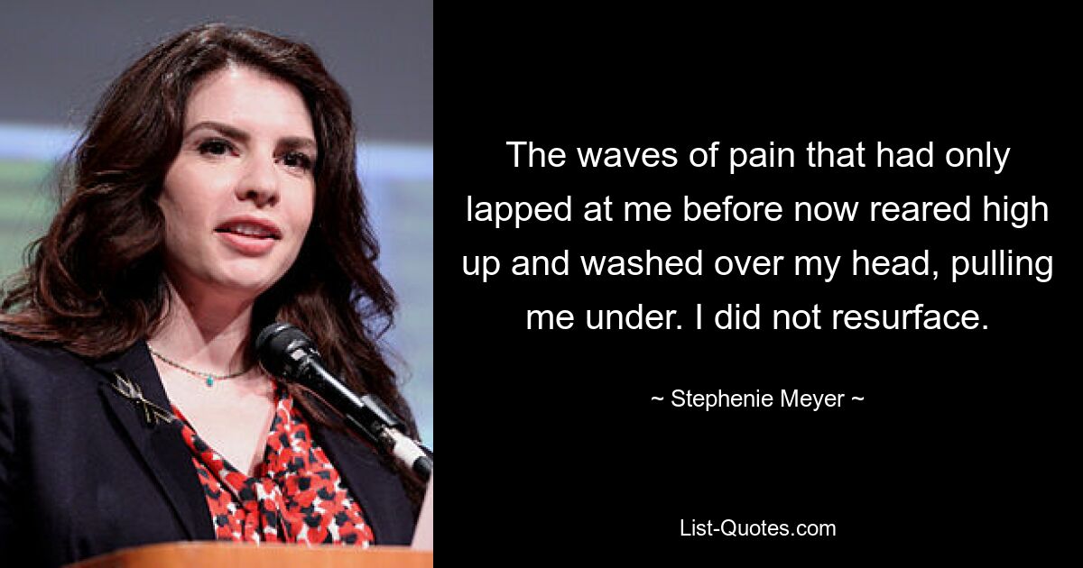 The waves of pain that had only lapped at me before now reared high up and washed over my head, pulling me under. I did not resurface. — © Stephenie Meyer