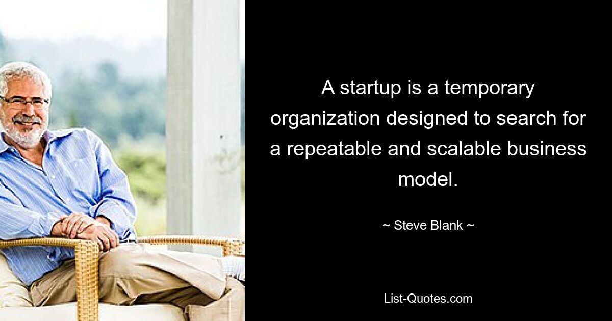 A startup is a temporary organization designed to search for a repeatable and scalable business model. — © Steve Blank