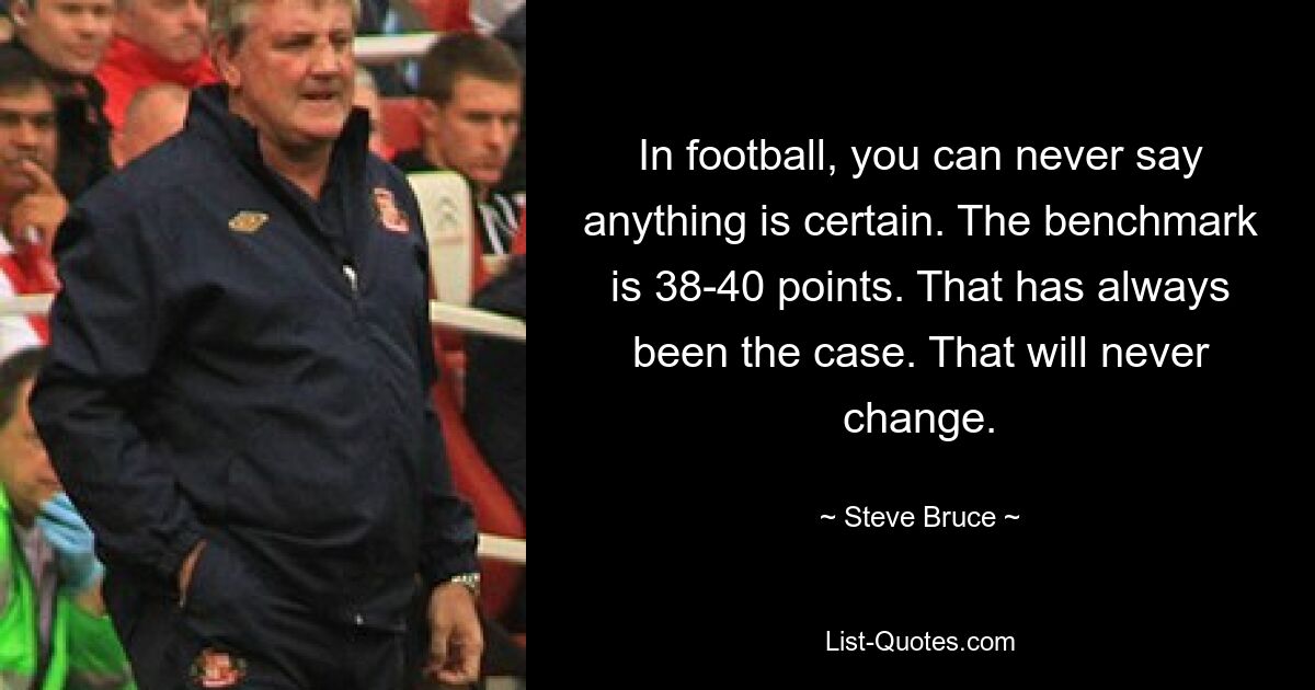 In football, you can never say anything is certain. The benchmark is 38-40 points. That has always been the case. That will never change. — © Steve Bruce