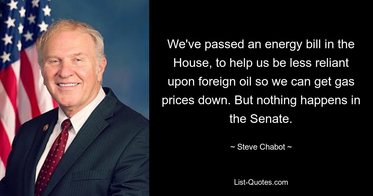 We've passed an energy bill in the House, to help us be less reliant upon foreign oil so we can get gas prices down. But nothing happens in the Senate. — © Steve Chabot