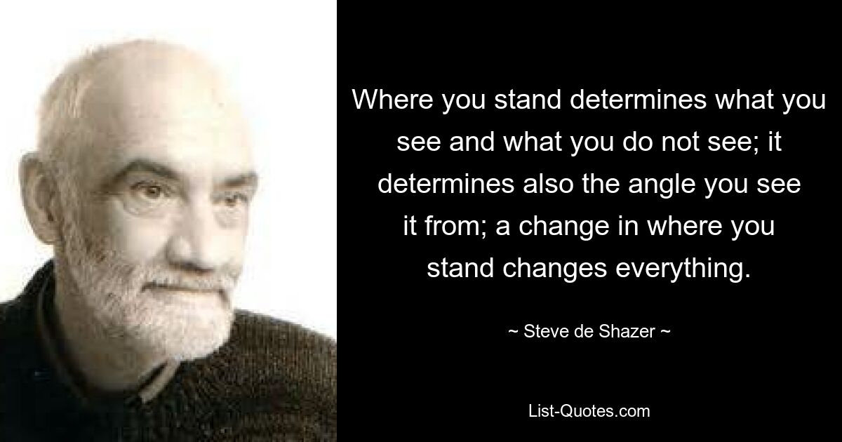 Where you stand determines what you see and what you do not see; it determines also the angle you see it from; a change in where you stand changes everything. — © Steve de Shazer