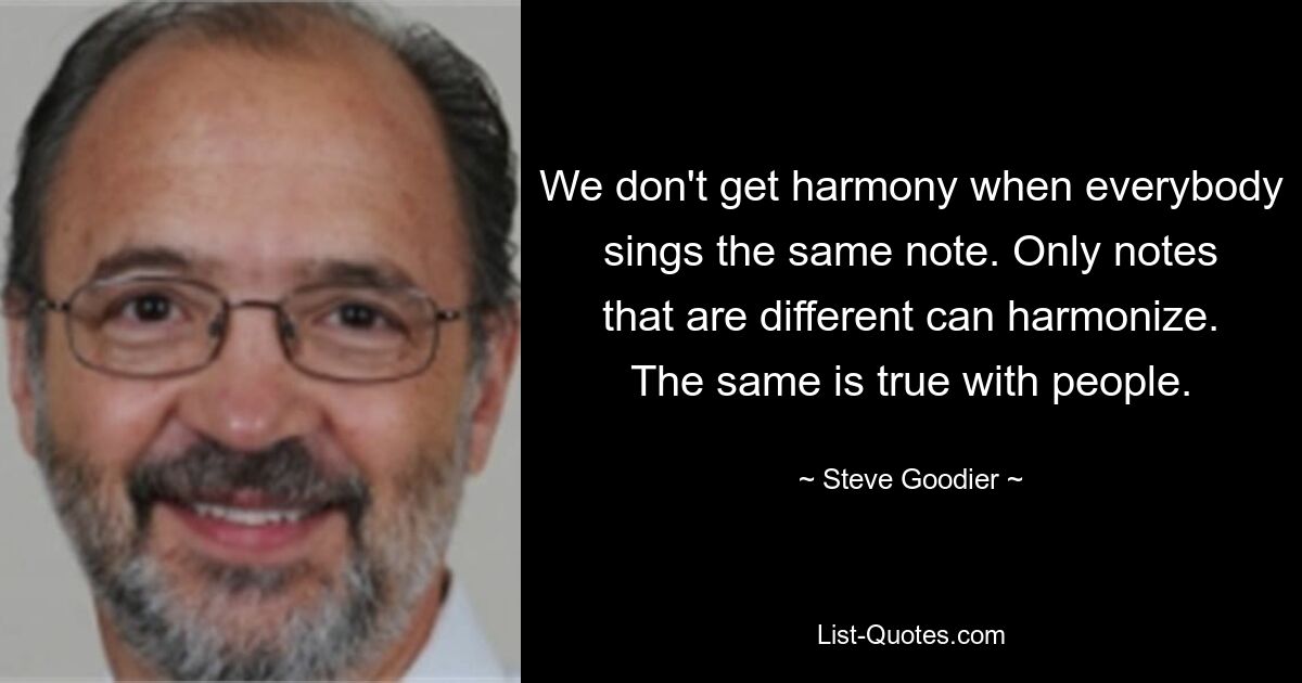 We don't get harmony when everybody sings the same note. Only notes that are different can harmonize. The same is true with people. — © Steve Goodier