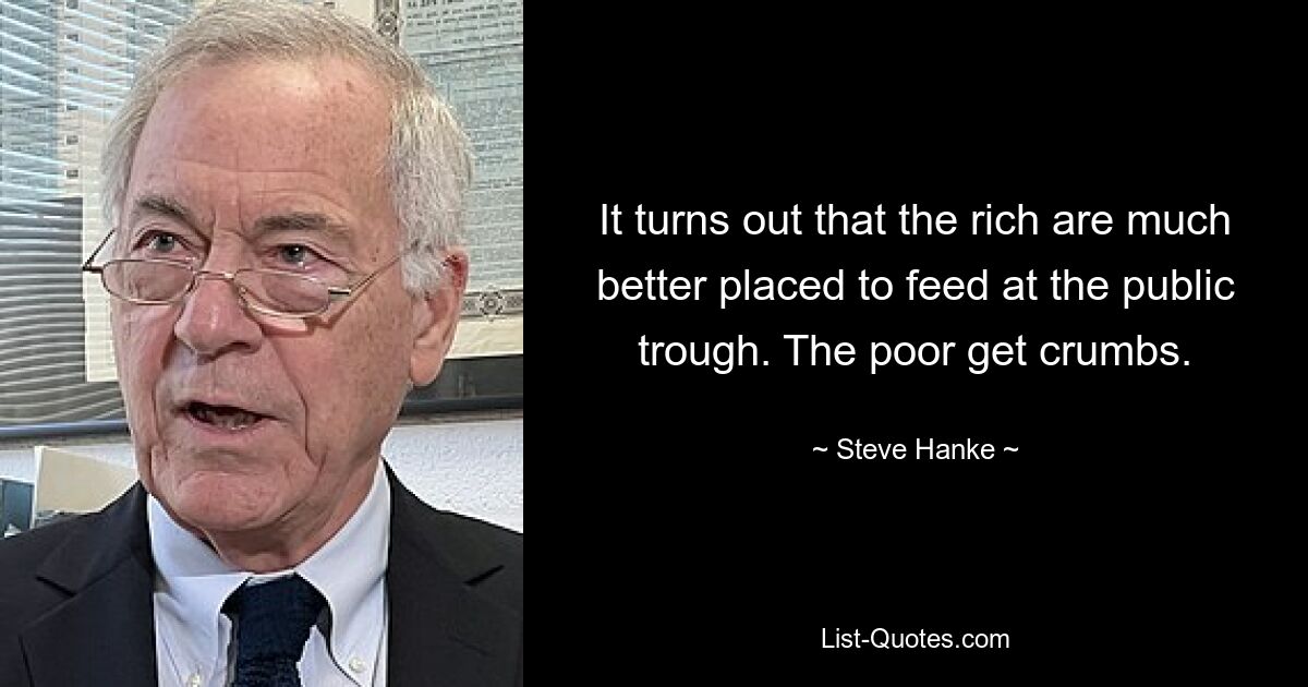 It turns out that the rich are much better placed to feed at the public trough. The poor get crumbs. — © Steve Hanke