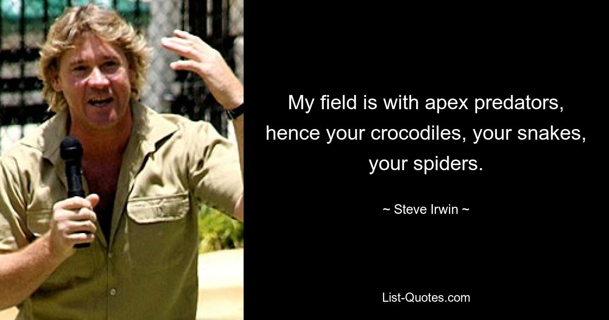 My field is with apex predators, hence your crocodiles, your snakes, your spiders. — © Steve Irwin