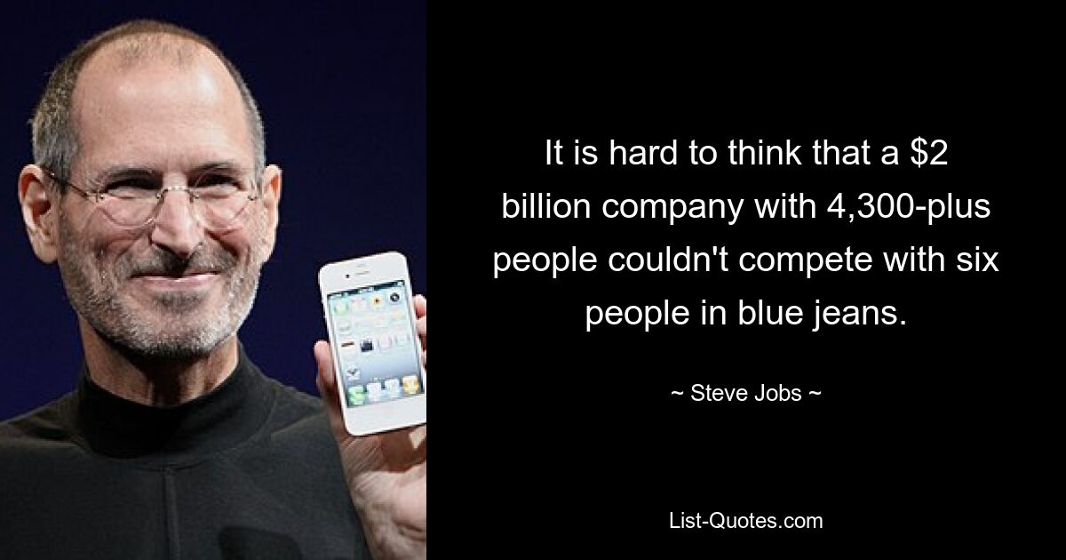 It is hard to think that a $2 billion company with 4,300-plus people couldn't compete with six people in blue jeans. — © Steve Jobs