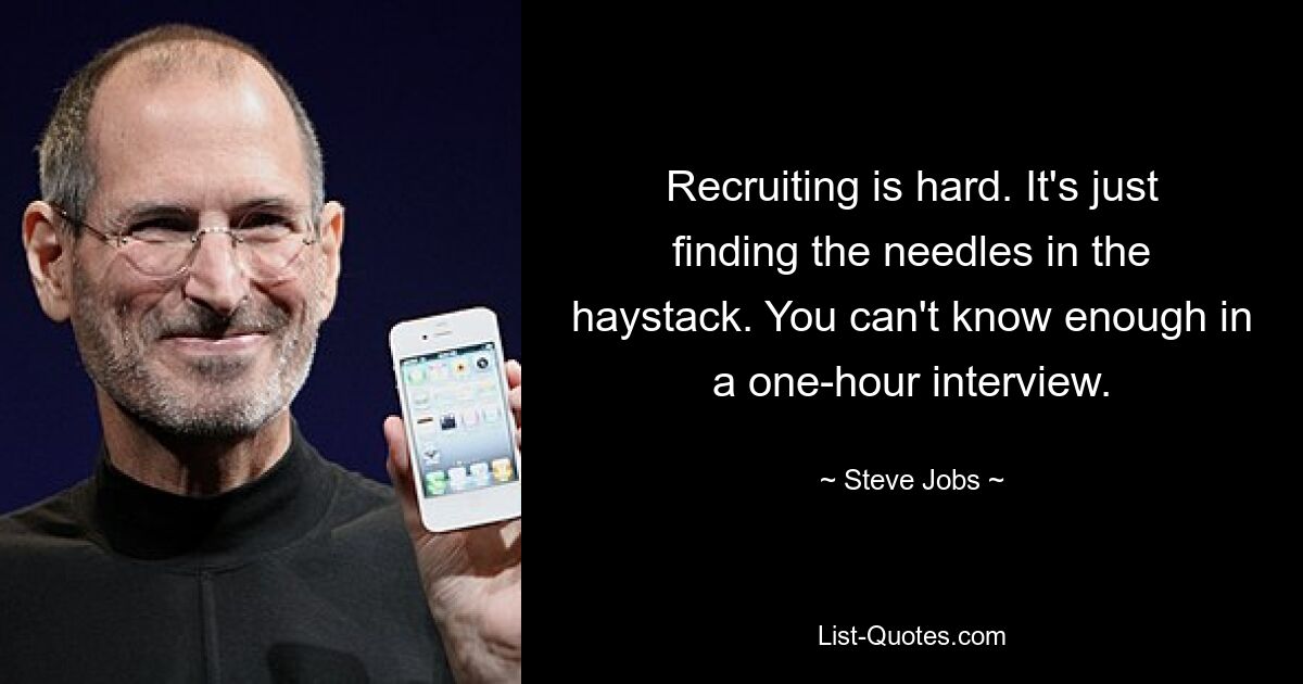 Recruiting is hard. It's just finding the needles in the haystack. You can't know enough in a one-hour interview. — © Steve Jobs