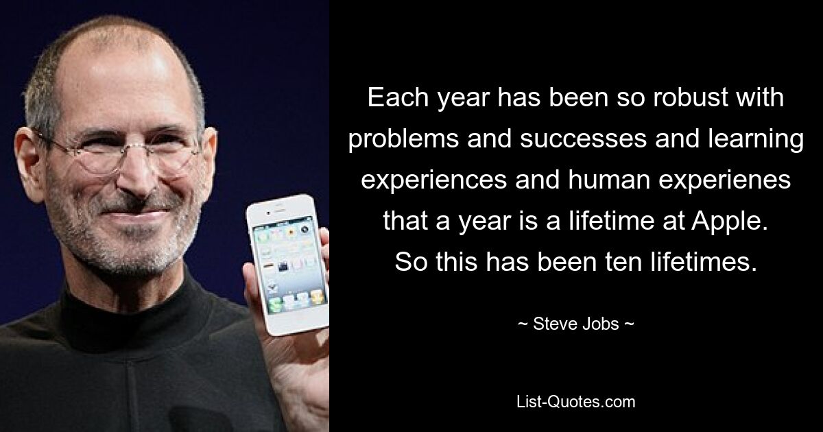 Each year has been so robust with problems and successes and learning experiences and human experienes that a year is a lifetime at Apple. So this has been ten lifetimes. — © Steve Jobs