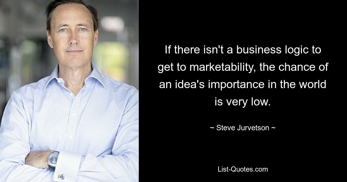 If there isn't a business logic to get to marketability, the chance of an idea's importance in the world is very low. — © Steve Jurvetson