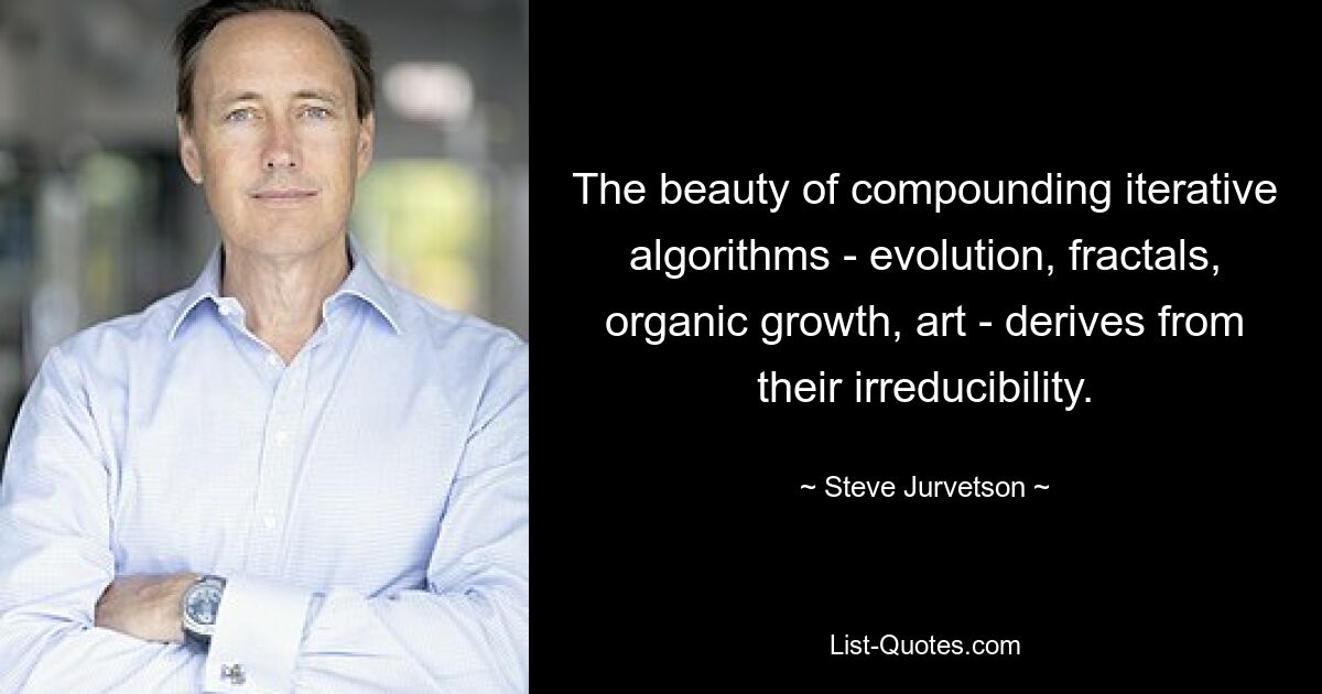 The beauty of compounding iterative algorithms - evolution, fractals, organic growth, art - derives from their irreducibility. — © Steve Jurvetson