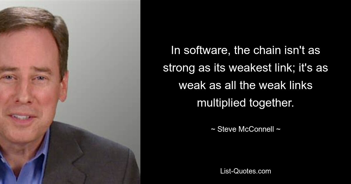 In software, the chain isn't as strong as its weakest link; it's as weak as all the weak links multiplied together. — © Steve McConnell