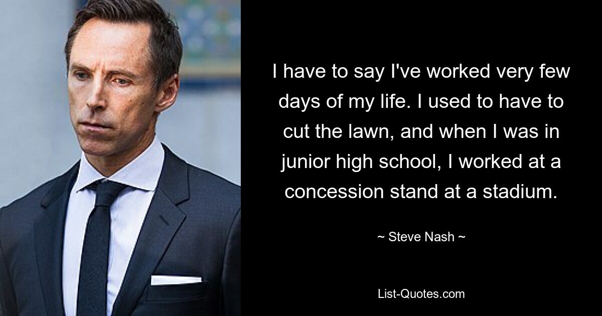 I have to say I've worked very few days of my life. I used to have to cut the lawn, and when I was in junior high school, I worked at a concession stand at a stadium. — © Steve Nash