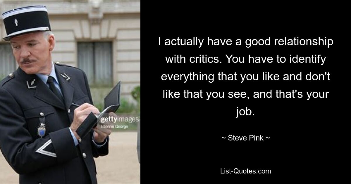 I actually have a good relationship with critics. You have to identify everything that you like and don't like that you see, and that's your job. — © Steve Pink