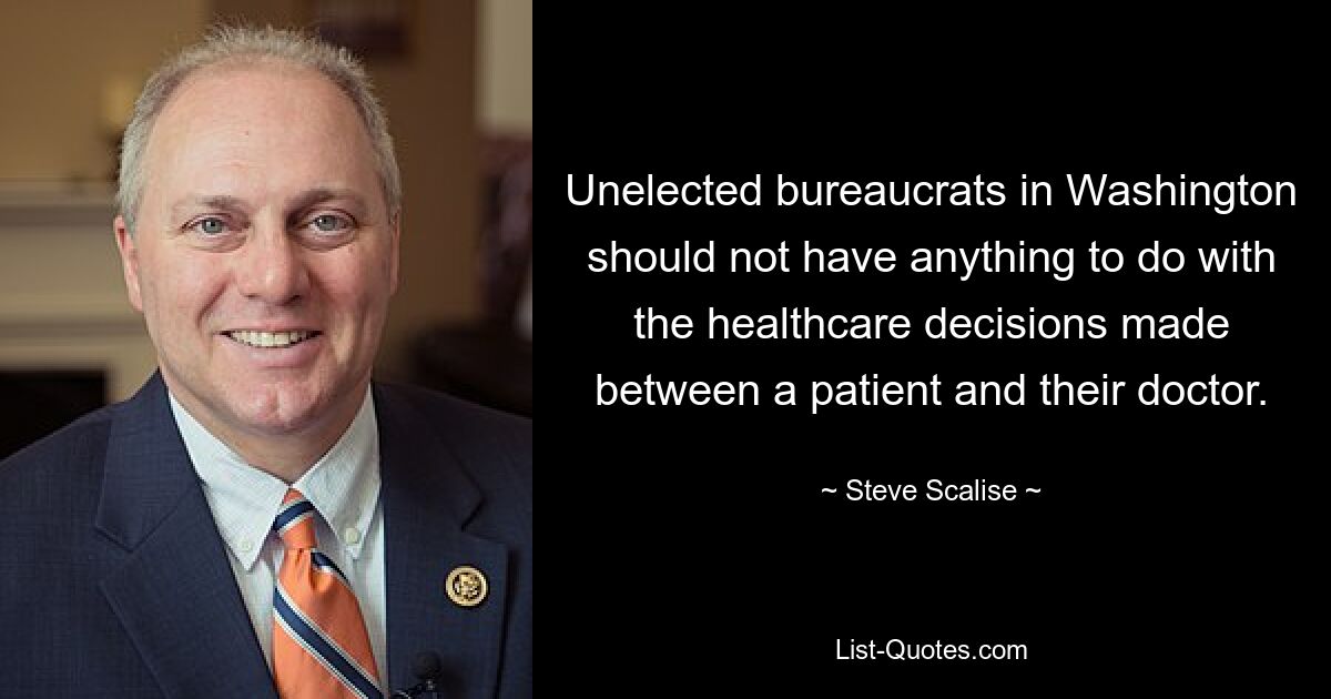 Unelected bureaucrats in Washington should not have anything to do with the healthcare decisions made between a patient and their doctor. — © Steve Scalise