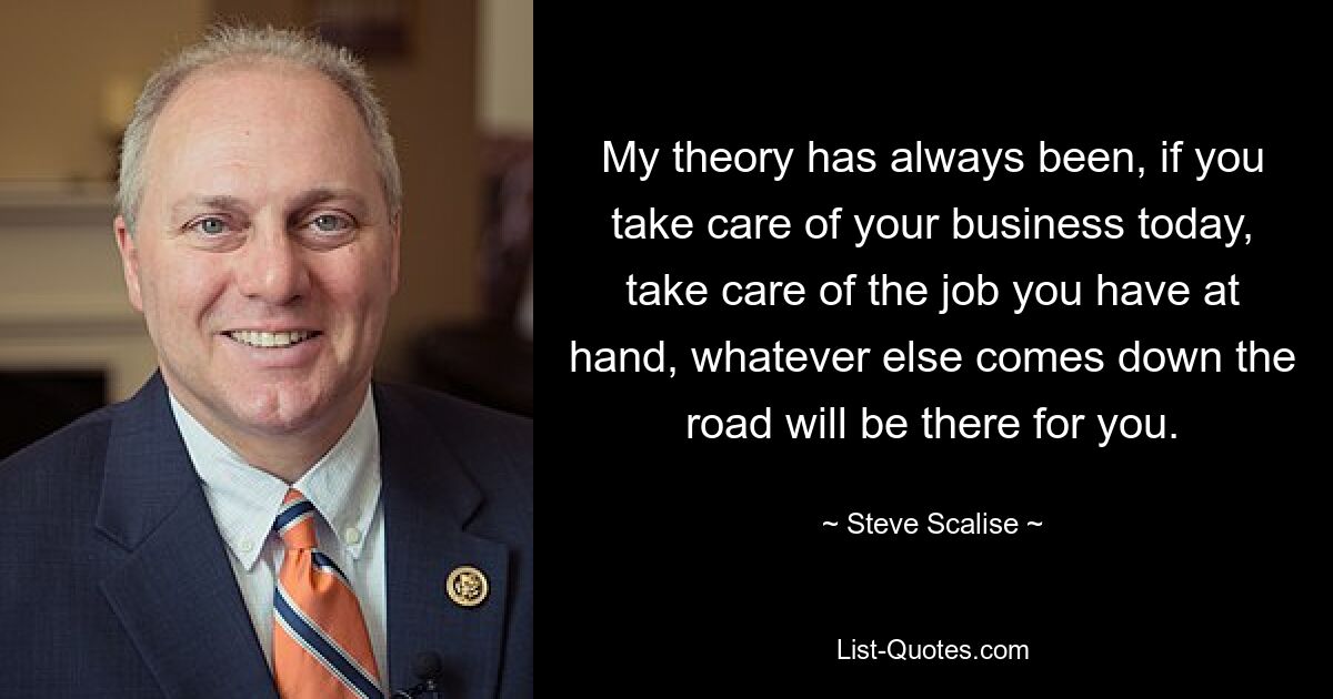 My theory has always been, if you take care of your business today, take care of the job you have at hand, whatever else comes down the road will be there for you. — © Steve Scalise