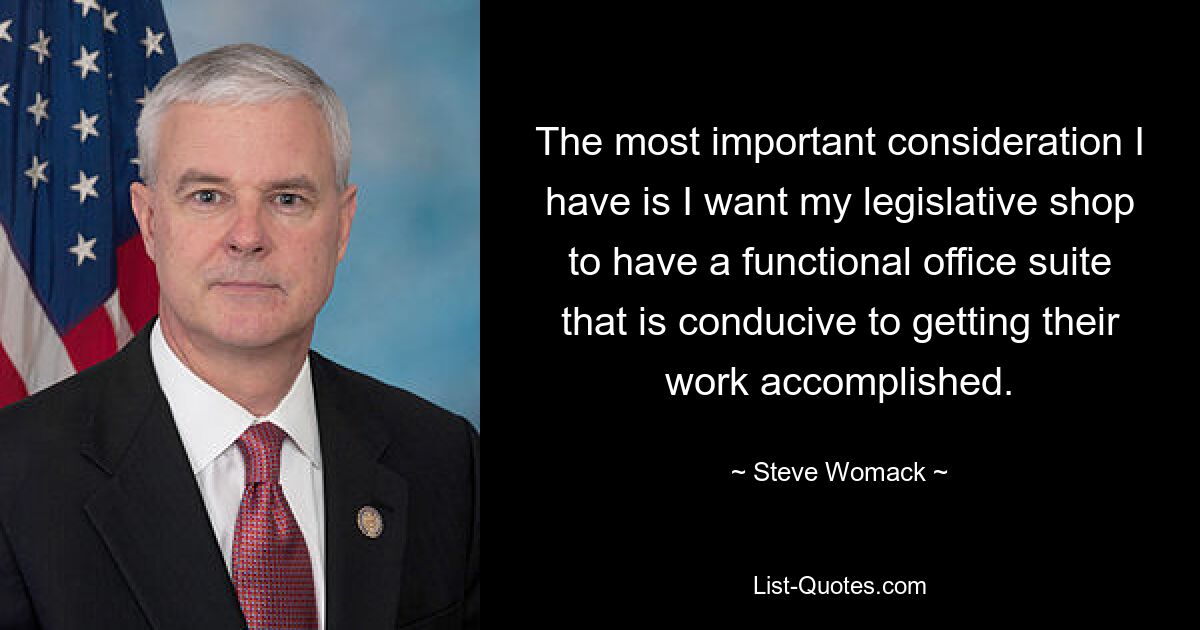 The most important consideration I have is I want my legislative shop to have a functional office suite that is conducive to getting their work accomplished. — © Steve Womack