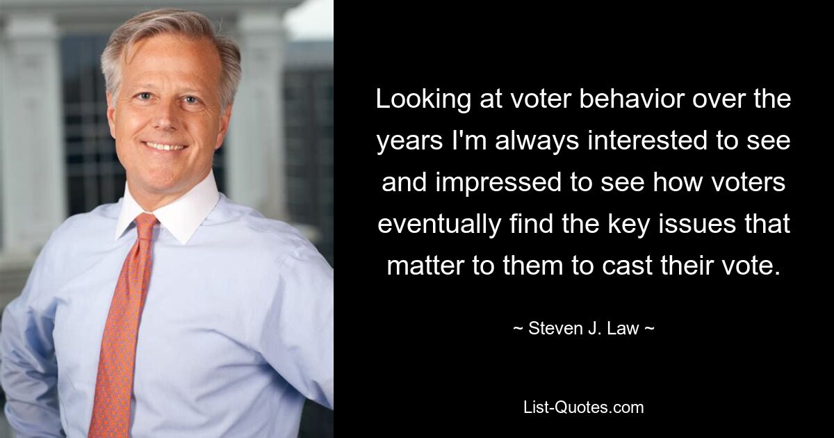 Looking at voter behavior over the years I'm always interested to see and impressed to see how voters eventually find the key issues that matter to them to cast their vote. — © Steven J. Law