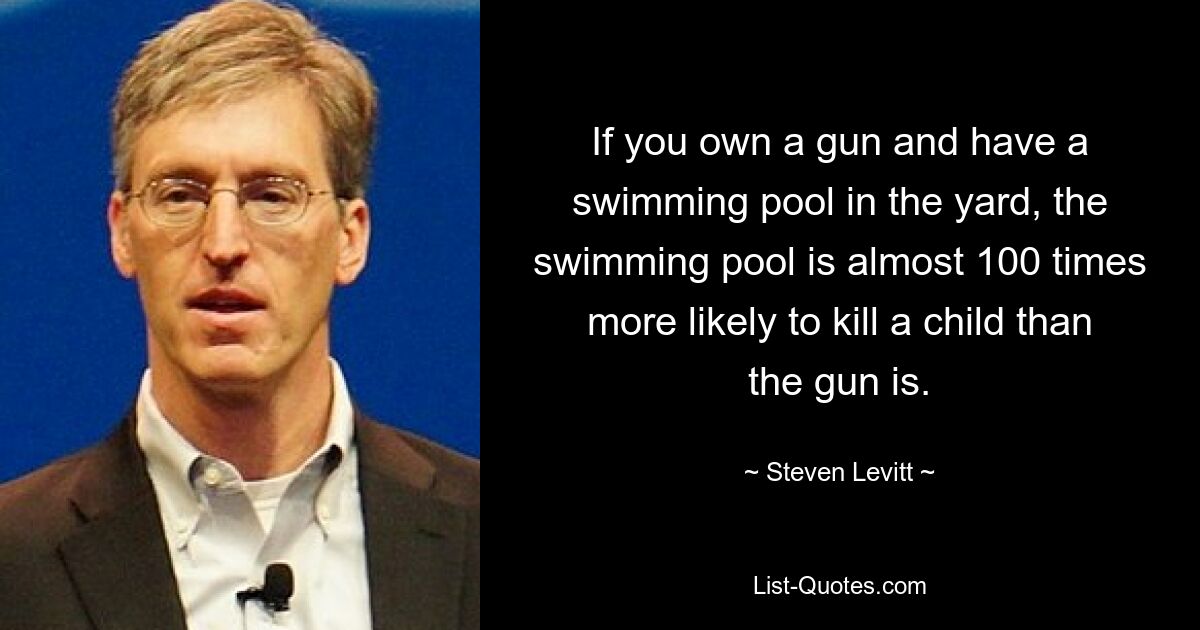 If you own a gun and have a swimming pool in the yard, the swimming pool is almost 100 times more likely to kill a child than the gun is. — © Steven Levitt