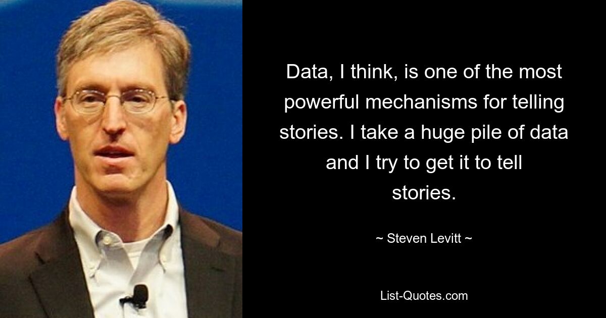 Data, I think, is one of the most powerful mechanisms for telling stories. I take a huge pile of data and I try to get it to tell stories. — © Steven Levitt