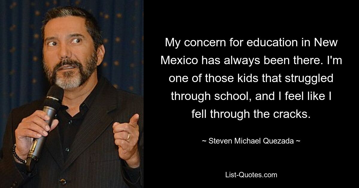 My concern for education in New Mexico has always been there. I'm one of those kids that struggled through school, and I feel like I fell through the cracks. — © Steven Michael Quezada