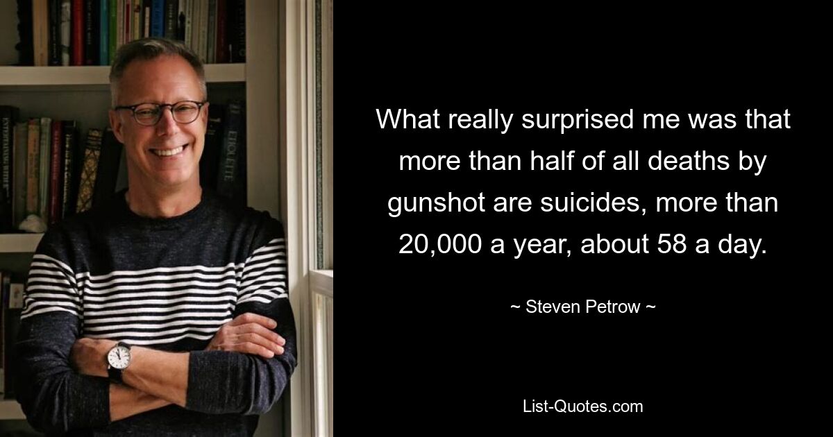 What really surprised me was that more than half of all deaths by gunshot are suicides, more than 20,000 a year, about 58 a day. — © Steven Petrow