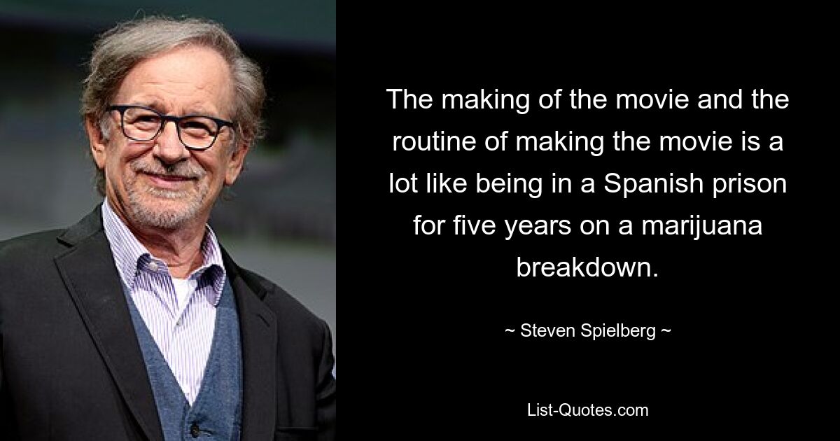 The making of the movie and the routine of making the movie is a lot like being in a Spanish prison for five years on a marijuana breakdown. — © Steven Spielberg