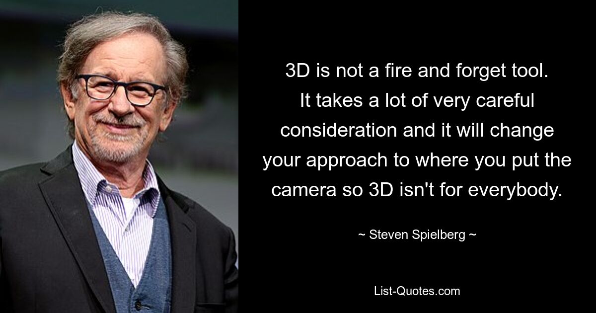 3D is not a fire and forget tool. It takes a lot of very careful consideration and it will change your approach to where you put the camera so 3D isn't for everybody. — © Steven Spielberg