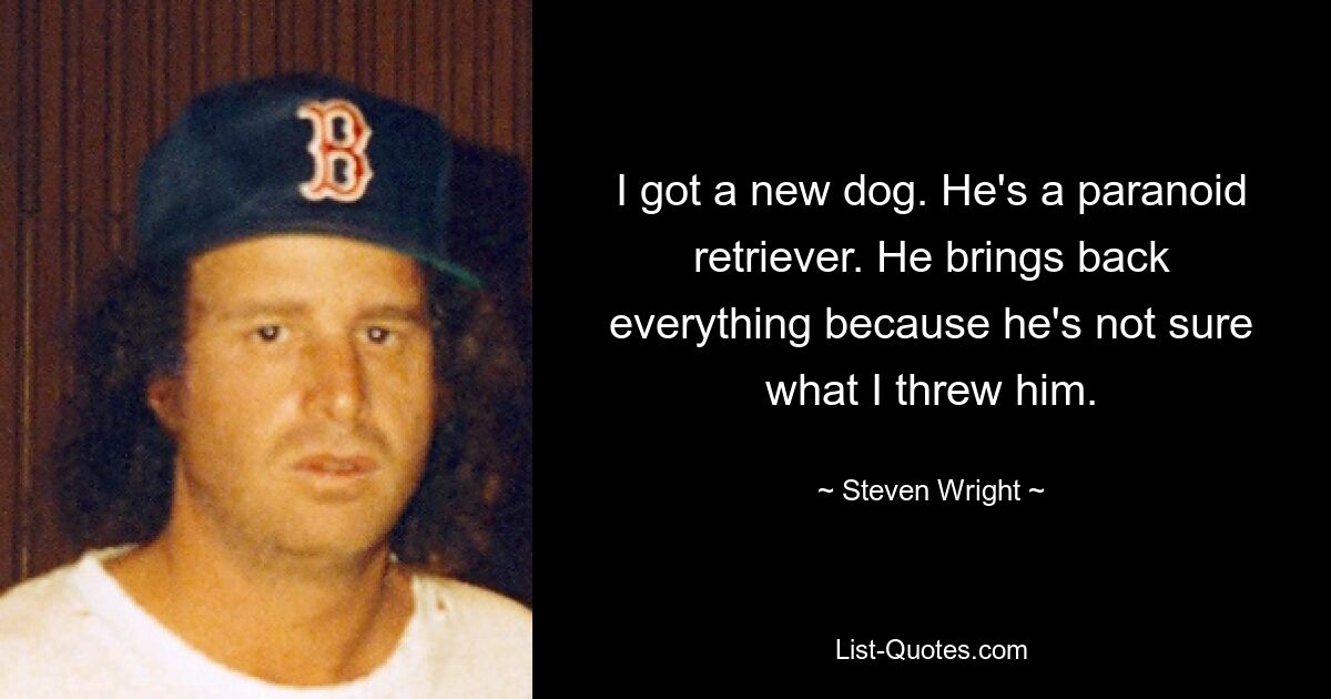 I got a new dog. He's a paranoid retriever. He brings back everything because he's not sure what I threw him. — © Steven Wright