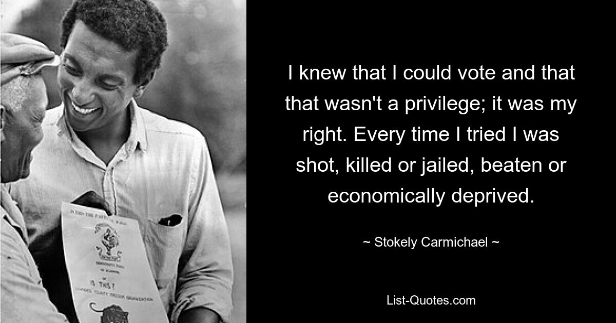 I knew that I could vote and that that wasn't a privilege; it was my right. Every time I tried I was shot, killed or jailed, beaten or economically deprived. — © Stokely Carmichael