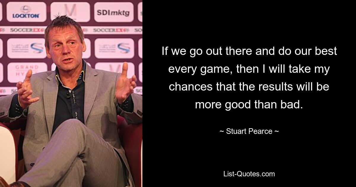 If we go out there and do our best every game, then I will take my chances that the results will be more good than bad. — © Stuart Pearce