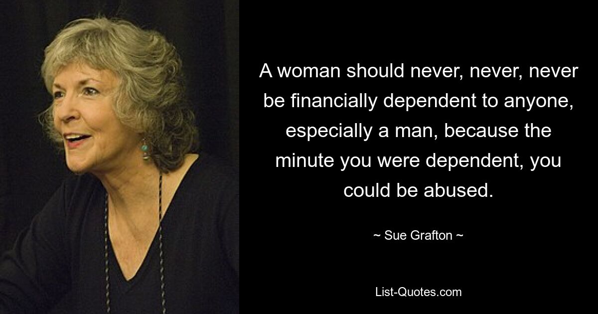 A woman should never, never, never be financially dependent to anyone, especially a man, because the minute you were dependent, you could be abused. — © Sue Grafton