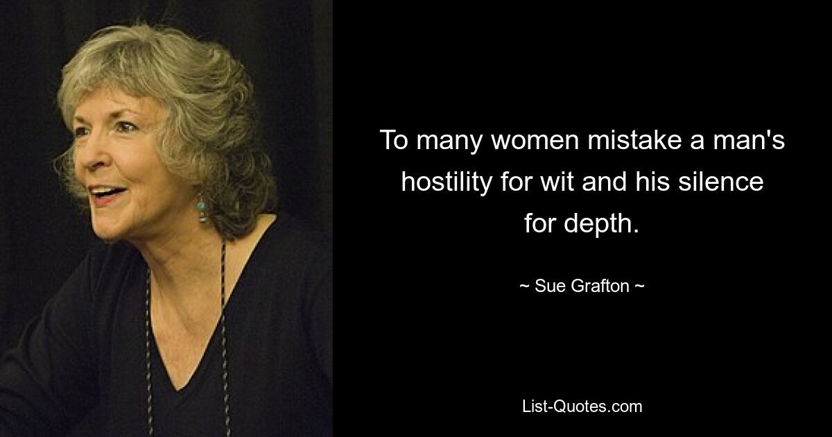 To many women mistake a man's hostility for wit and his silence for depth. — © Sue Grafton