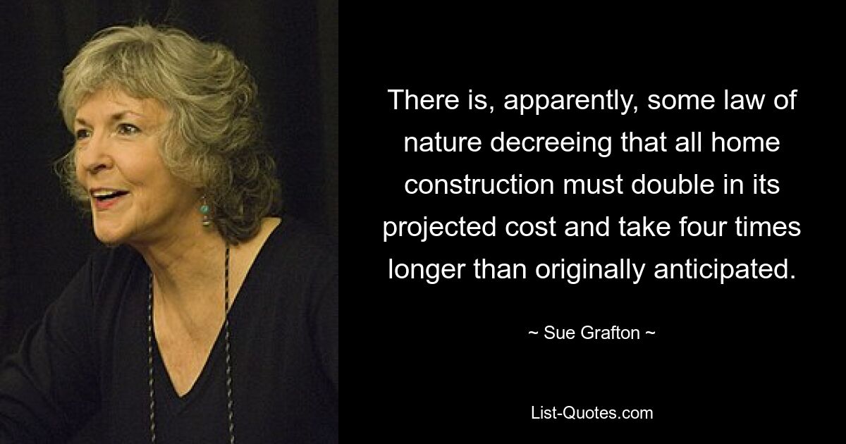 There is, apparently, some law of nature decreeing that all home construction must double in its projected cost and take four times longer than originally anticipated. — © Sue Grafton