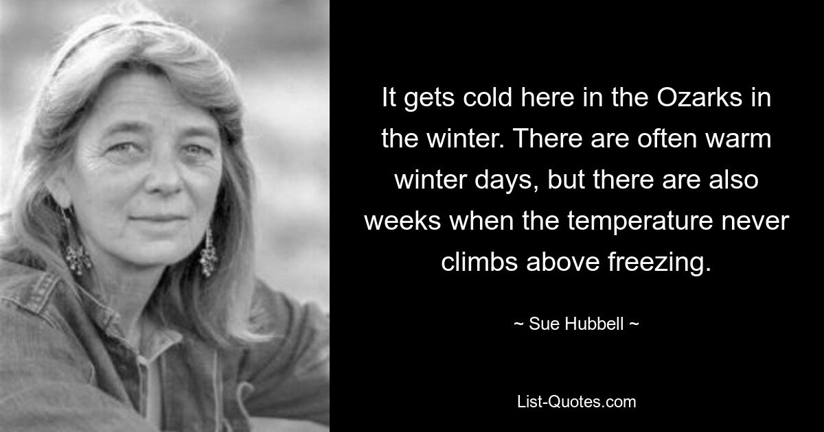 It gets cold here in the Ozarks in the winter. There are often warm winter days, but there are also weeks when the temperature never climbs above freezing. — © Sue Hubbell