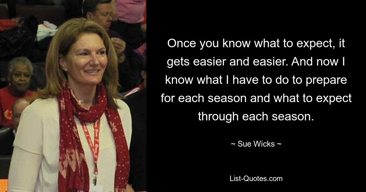 Once you know what to expect, it gets easier and easier. And now I know what I have to do to prepare for each season and what to expect through each season. — © Sue Wicks