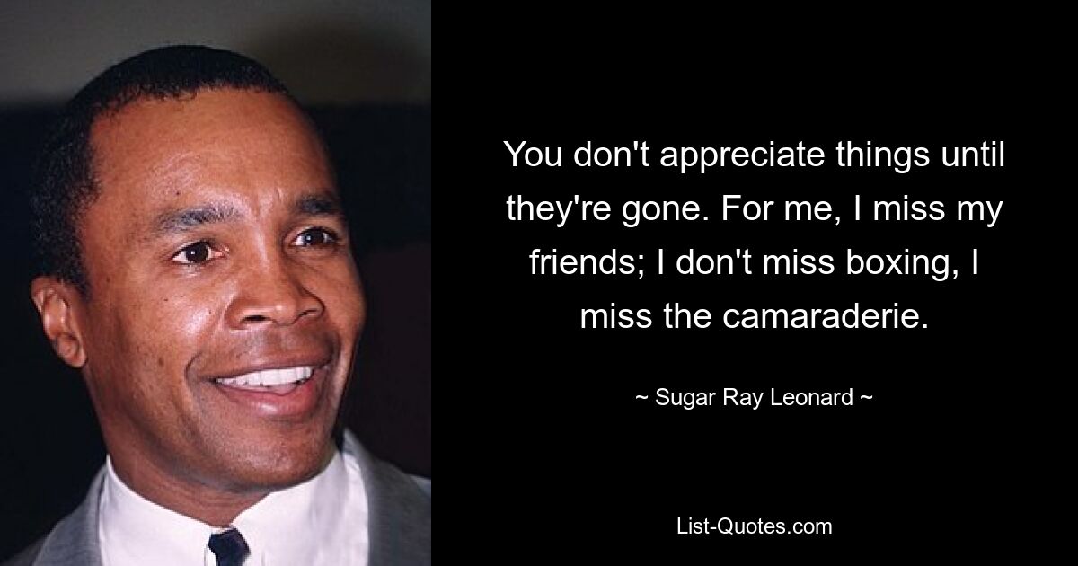 You don't appreciate things until they're gone. For me, I miss my friends; I don't miss boxing, I miss the camaraderie. — © Sugar Ray Leonard