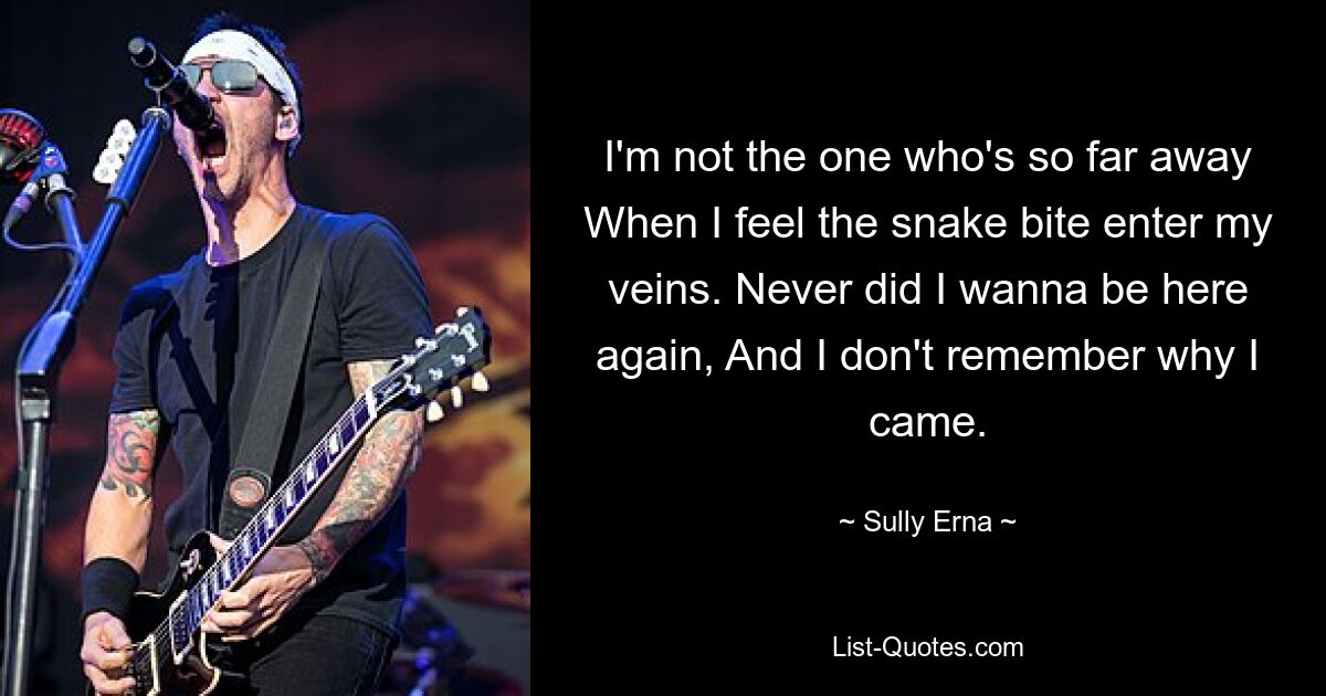 Ich bin nicht derjenige, der so weit weg ist, wenn ich spüre, wie der Schlangenbiss in meine Adern eindringt. Ich wollte nie wieder hier sein und ich erinnere mich nicht, warum ich gekommen bin. — © Sully Erna