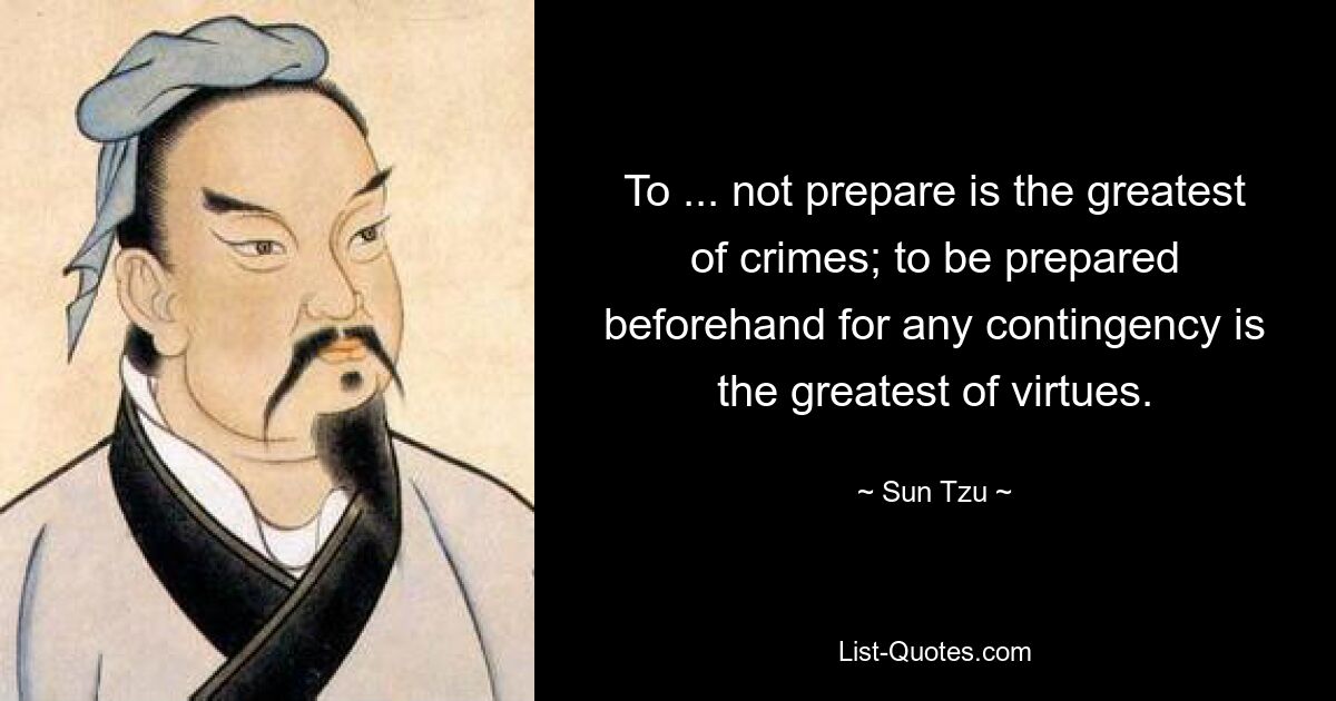 To ... not prepare is the greatest of crimes; to be prepared beforehand for any contingency is the greatest of virtues. — © Sun Tzu