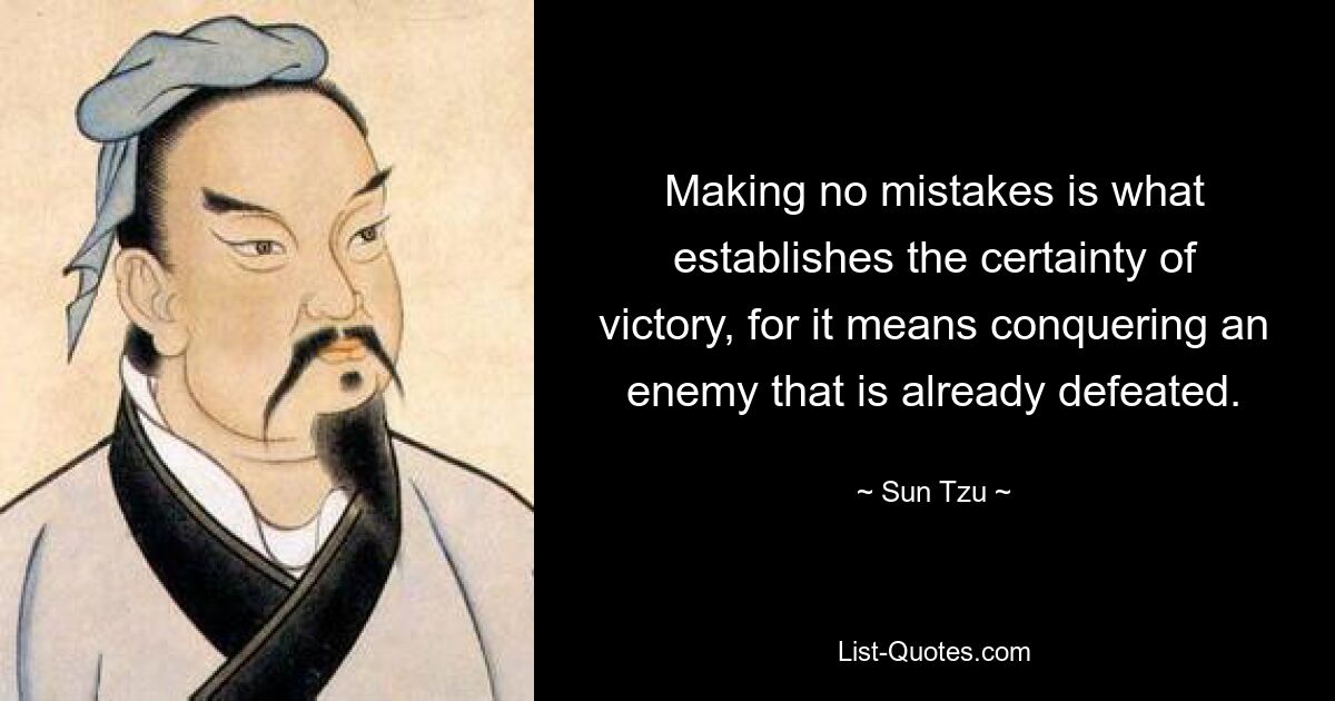 Making no mistakes is what establishes the certainty of victory, for it means conquering an enemy that is already defeated. — © Sun Tzu