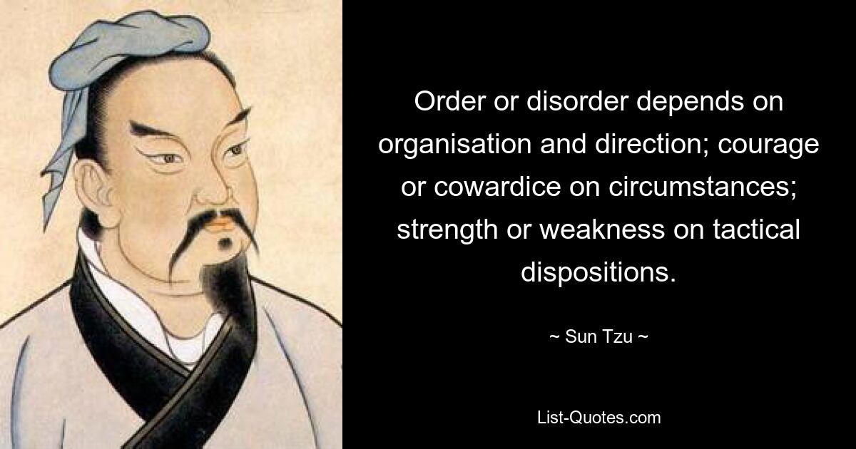 Order or disorder depends on organisation and direction; courage or cowardice on circumstances; strength or weakness on tactical dispositions. — © Sun Tzu