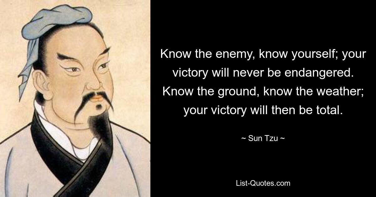 Know the enemy, know yourself; your victory will never be endangered. Know the ground, know the weather; your victory will then be total. — © Sun Tzu