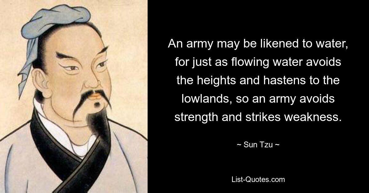 An army may be likened to water, for just as flowing water avoids the heights and hastens to the lowlands, so an army avoids strength and strikes weakness. — © Sun Tzu