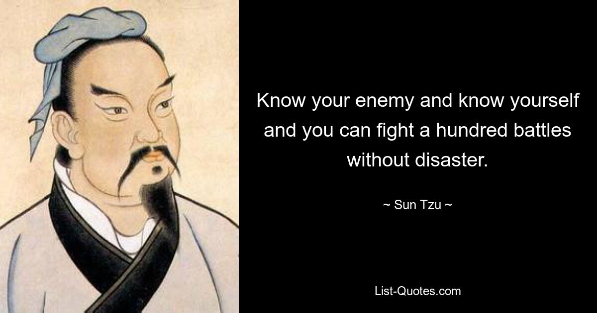 Know your enemy and know yourself and you can fight a hundred battles without disaster. — © Sun Tzu