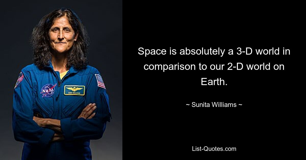 Space is absolutely a 3-D world in comparison to our 2-D world on Earth. — © Sunita Williams