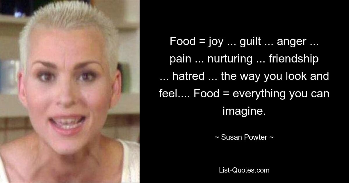 Food = joy ... guilt ... anger ... pain ... nurturing ... friendship ... hatred ... the way you look and feel.... Food = everything you can imagine. — © Susan Powter