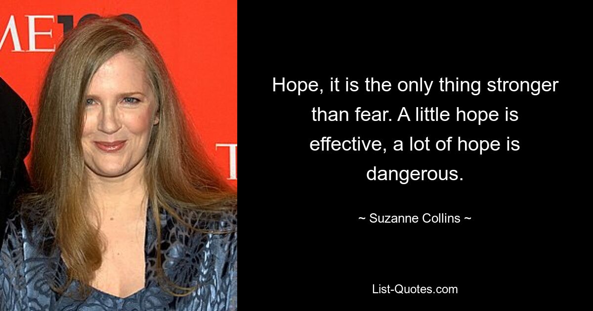 Hope, it is the only thing stronger than fear. A little hope is effective, a lot of hope is dangerous. — © Suzanne Collins