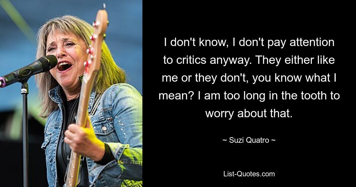 I don't know, I don't pay attention to critics anyway. They either like me or they don't, you know what I mean? I am too long in the tooth to worry about that. — © Suzi Quatro