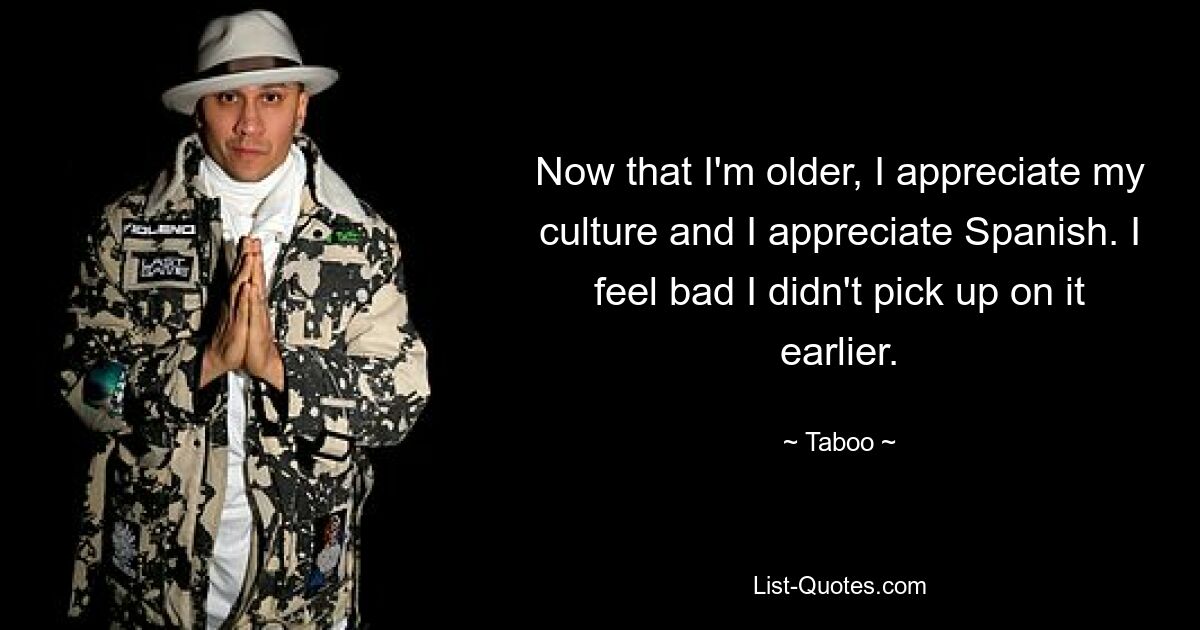 Now that I'm older, I appreciate my culture and I appreciate Spanish. I feel bad I didn't pick up on it earlier. — © Taboo