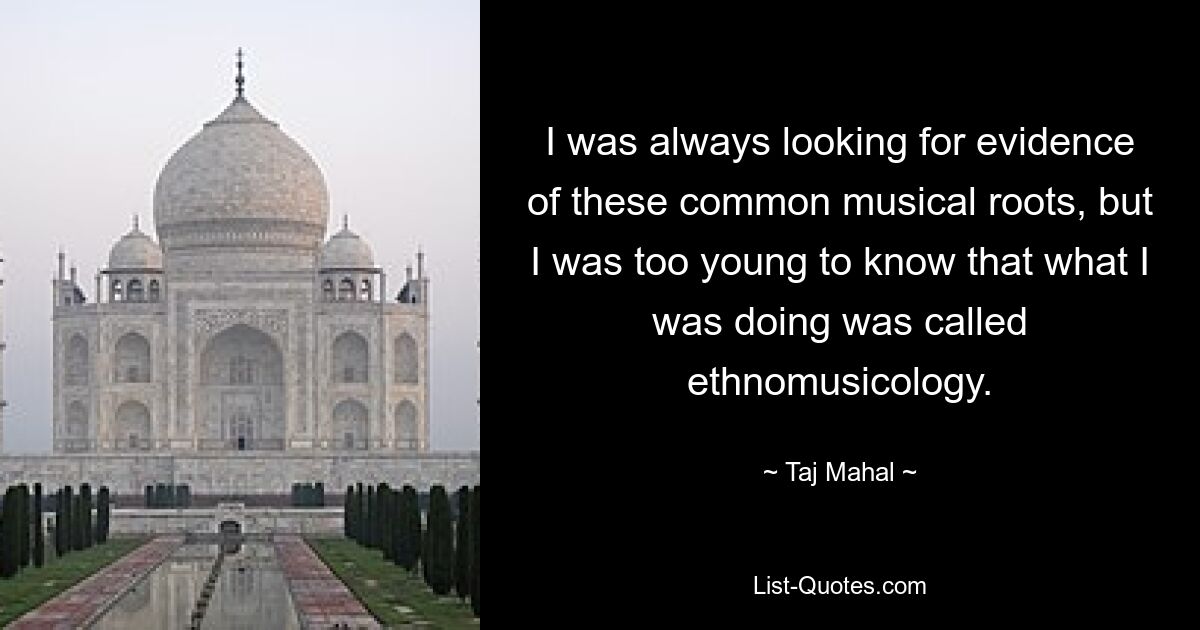 I was always looking for evidence of these common musical roots, but I was too young to know that what I was doing was called ethnomusicology. — © Taj Mahal