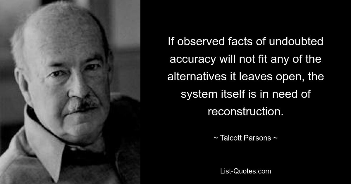 If observed facts of undoubted accuracy will not fit any of the alternatives it leaves open, the system itself is in need of reconstruction. — © Talcott Parsons